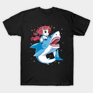 Unicorn Riding Shark T Shirt Kids Girls Boys Rainbow Squad Cute Gifts Party T-Shirt